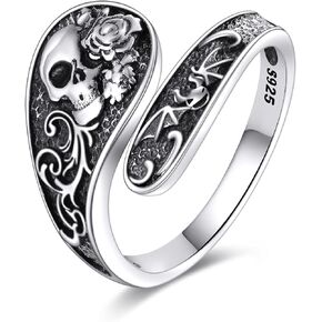 Highland Cow/Sunflower/Skull/Angel Wing Open Ring 925 Sterling Silver Cute Open Rings Jewelry for Women (Skull Open Ring)