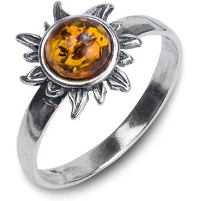 Honey Amber Sterling Silver Sun Ring, size 6