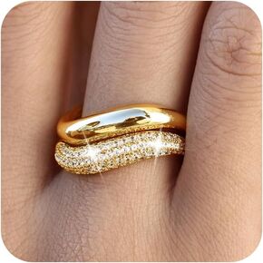 MBW Stackable Cubic Zirconia Gold Wave Rings for Women, Stacking Gold Rings That Don't Tarnish CZ Bands Statement Gold Rings Chunky 14k Gold Plated Wavy 2 Rings Set Jewelry Gifts for Women Size 5-10
