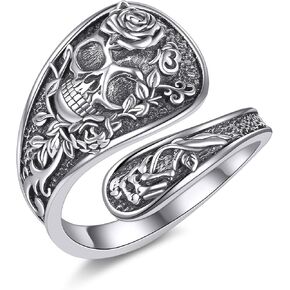Skull Spoon Ring Sterling Silver Adjustable Spoon Ring Gothic Skull Rose Flower Skull Jewelry Gifts for Women