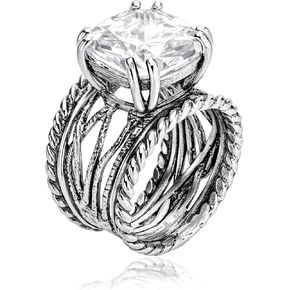 925 Sterling Silver Statement Ring with White Cushion Shaped Cubic Zirconia - Wire Wrap Rope Vintage Design - Hypoallergenic, Nickel & Lead-free Artisan Handcrafted Designer Collection