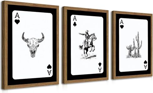 Western Cowboy Wall Art Set Of 3 Cowboy Print Playing Card Inspired Southwestern Canvas Poster Trendy Western Wall Decor Longhorn Bull Skull Room Decor for Bedroom Living Room Framed 12x16 inch in Saudi Arabia