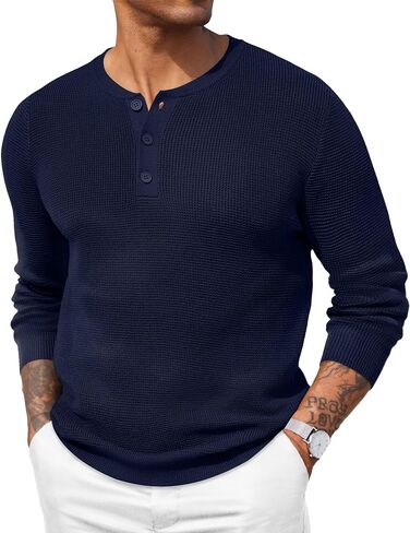 COOFANDY Men's Waffle Henley Shirts Crewneck Lightweight Sweater Long Sleeve Causal Knitted Pullover T Shirt in Saudi Arabia