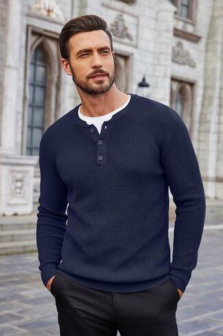 COOFANDY Men's Waffle Henley Shirts Crewneck Lightweight Sweater Long Sleeve Causal Knitted Pullover T Shirt in Saudi Arabia