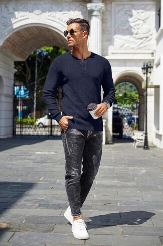 COOFANDY Men's Waffle Henley Shirts Crewneck Lightweight Sweater Long Sleeve Causal Knitted Pullover T Shirt in Saudi Arabia