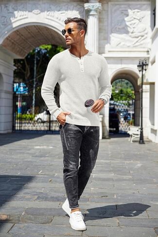 COOFANDY Men's Waffle Henley Shirts Crewneck Lightweight Sweater Long Sleeve Causal Knitted Pullover T Shirt in Saudi Arabia