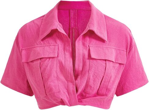 Verdusa Women's Short Sleeve Collar Neck Flap Pocket Twist Front Crop Top Shirts in Saudi Arabia