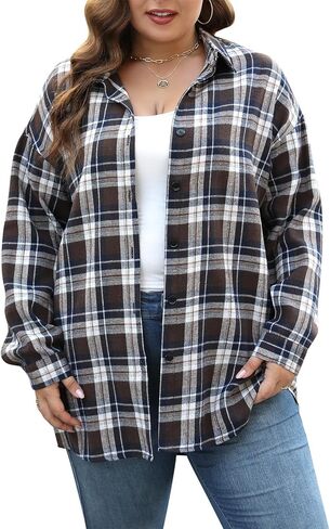 Nemidor Womens Plus Size Casual Plaid Shackets Shirts Button Down Long Sleeve Blouse NEM532 in Kuwait