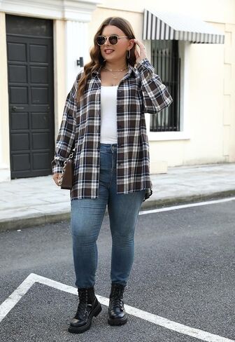 Nemidor Womens Plus Size Casual Plaid Shackets Shirts Button Down Long Sleeve Blouse NEM532 in Kuwait