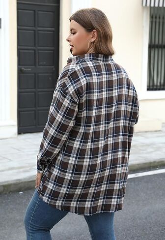 Nemidor Womens Plus Size Casual Plaid Shackets Shirts Button Down Long Sleeve Blouse NEM532 in Kuwait