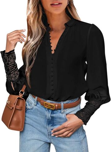Fallorchid Women's Lace Long Sleeve Tops Button Down Shirts Dressy Casual Blouses Fall Fashion Clothes in Saudi Arabia