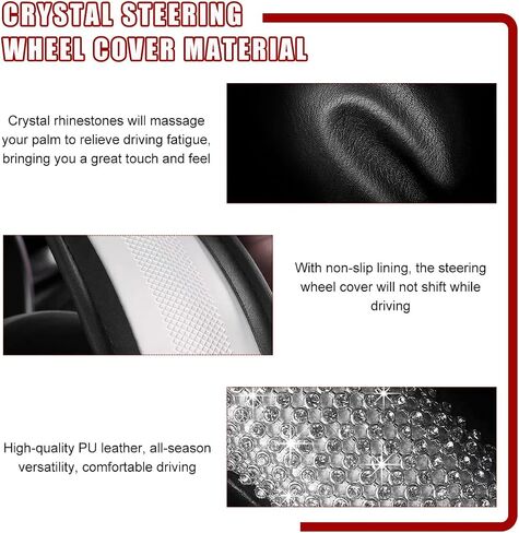 Bling Car Steering Wheel Cover, Sparkling Crystal Rhinestone Auto Wheel Protector, Anti Slip Cover Fit 15 Inch Steering Wheel for Women Girls, Universal Car Accessories (White+Red) in Kuwait