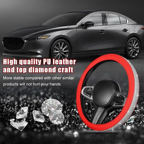 Bling Car Steering Wheel Cover, Sparkling Crystal Rhinestone Auto Wheel Protector, Anti Slip Cover Fit 15 Inch Steering Wheel for Women Girls, Universal Car Accessories (White+Red) in Kuwait