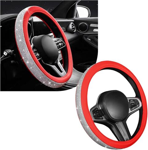 Bling Car Steering Wheel Cover, Sparkling Crystal Rhinestone Auto Wheel Protector, Anti Slip Cover Fit 15 Inch Steering Wheel for Women Girls, Universal Car Accessories (White+Red) in Kuwait