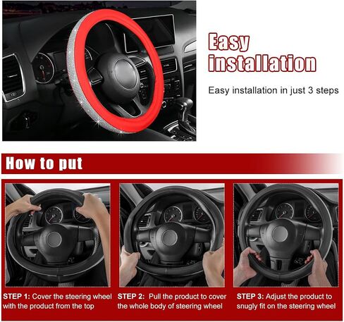 Bling Car Steering Wheel Cover, Sparkling Crystal Rhinestone Auto Wheel Protector, Anti Slip Cover Fit 15 Inch Steering Wheel for Women Girls, Universal Car Accessories (White+Red) in Kuwait