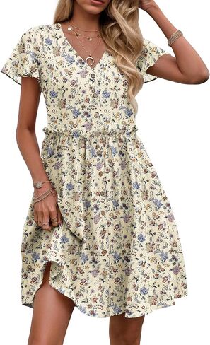 Zeagoo Women's Summer Casual Cotton Mini Dress Linen Button Down Midi Button Up Flutter Sleeve Sundress Short Sleeve Beach 2025 Dress Spring V Neck Vacation A Line Floral Dress with Pockets Beige S in Saudi Arabia