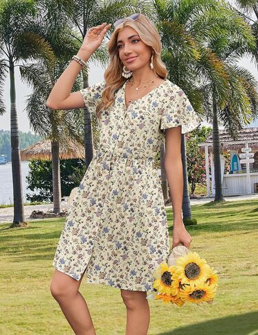 Zeagoo Women's Summer Casual Cotton Mini Dress Linen Button Down Midi Button Up Flutter Sleeve Sundress Short Sleeve Beach 2025 Dress Spring V Neck Vacation A Line Floral Dress with Pockets Beige S in Saudi Arabia
