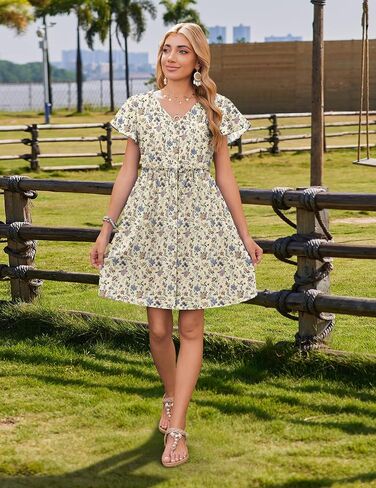 Zeagoo Women's Summer Casual Cotton Mini Dress Linen Button Down Midi Button Up Flutter Sleeve Sundress Short Sleeve Beach 2025 Dress Spring V Neck Vacation A Line Floral Dress with Pockets Beige S in Saudi Arabia