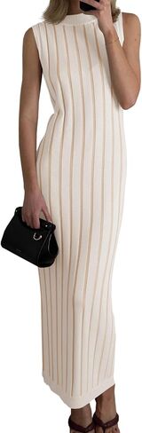 Wenrine Womens Sleeveless Sweater Dress Mock Neck Ribbed Knit Fall Tank Maxi Dresses in Saudi Arabia