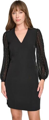 Tommy Hilfiger Women's Bedazzled Chiffon Sleeves Salon Stretch Knee Length Shift Dress in Kuwait
