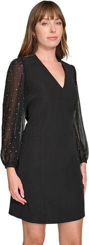 Tommy Hilfiger Women's Bedazzled Chiffon Sleeves Salon Stretch Knee Length Shift Dress in Kuwait