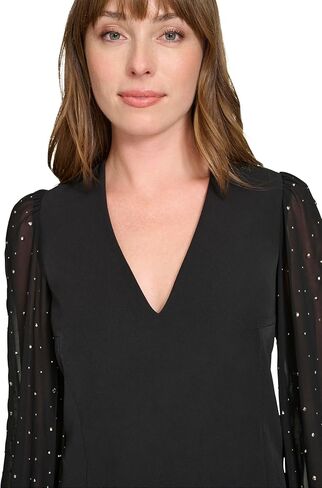 Tommy Hilfiger Women's Bedazzled Chiffon Sleeves Salon Stretch Knee Length Shift Dress in Kuwait