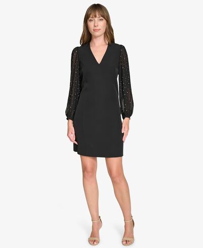 Tommy Hilfiger Women's Bedazzled Chiffon Sleeves Salon Stretch Knee Length Shift Dress in Kuwait