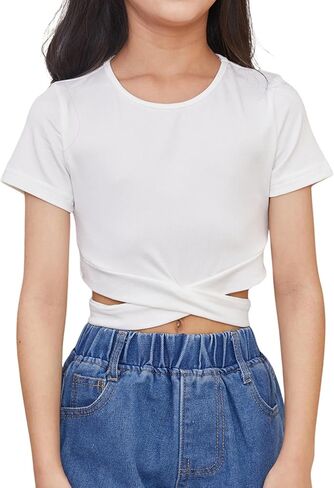 OYOANGLE Girl's Cute Crisscross Short Sleeve Cutout Solid Crop Top Tee T-Shirts in Kuwait
