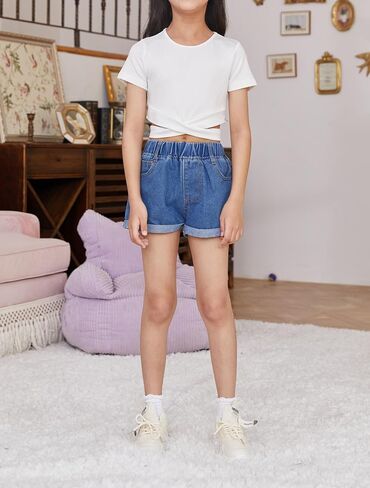 OYOANGLE Girl's Cute Crisscross Short Sleeve Cutout Solid Crop Top Tee T-Shirts in Kuwait