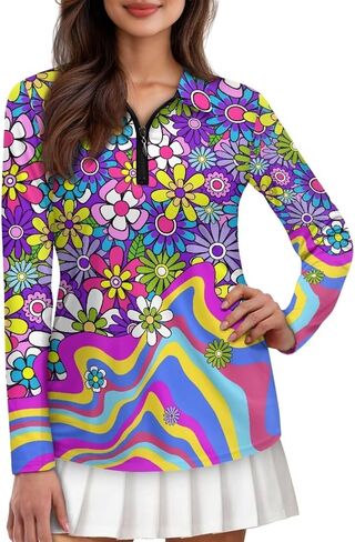POLERO Women's Long Sleeve Golf Shirts Printed Long Sleeve Zip Up Shirt Athletic Casual Golf Tops in Kuwait