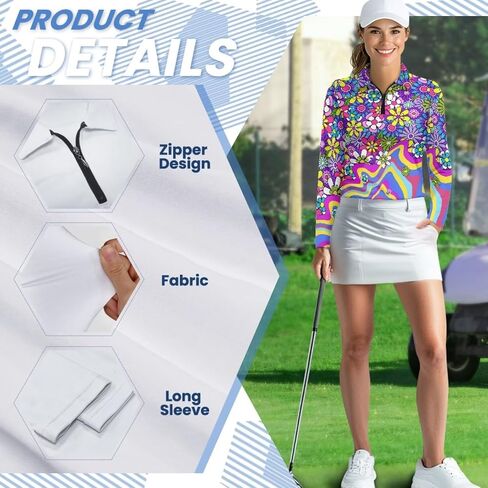 POLERO Women's Long Sleeve Golf Shirts Printed Long Sleeve Zip Up Shirt Athletic Casual Golf Tops in Kuwait