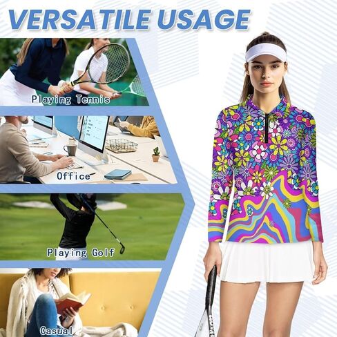 POLERO Women's Long Sleeve Golf Shirts Printed Long Sleeve Zip Up Shirt Athletic Casual Golf Tops in Kuwait