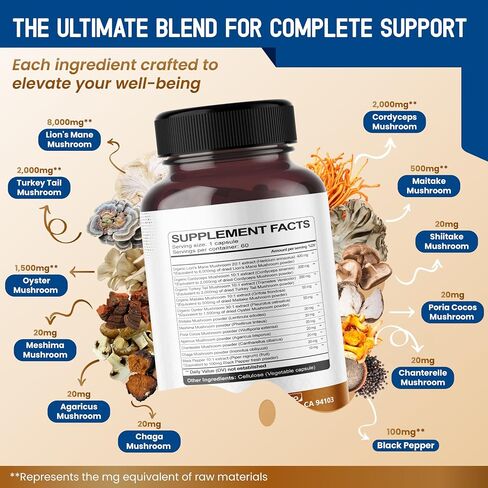 Organic Mushroom Complex Lion's Mane 8000mg Cordyceps 3000mg - Support Brain Wellness, Memory & Focus, Immunity - 120-day Supply - Made in The USA in Kuwait