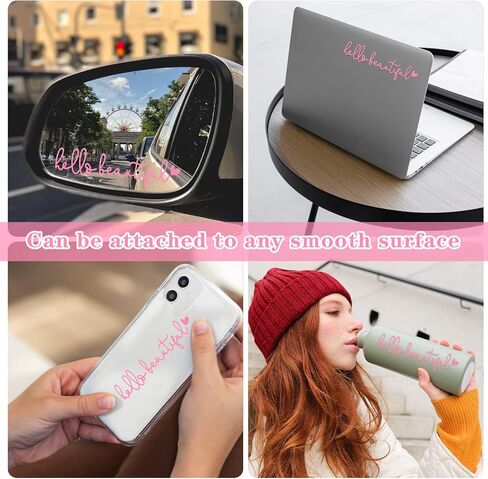 3 Pcs Hello Beautiful Rearview Mirror Decal with Heart, Vinyl Stickers Car Window Water Bottle Vanity Mirror Stickers Positive Affirmation for Women Girl Laptop Gift(Black) in Saudi Arabia