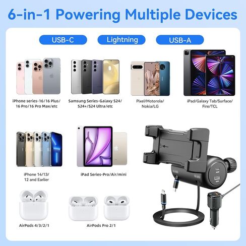 OHLPRO Multi-Car Retractable Backseat Charging Station, 110W Fast Car Charger Adapter for All Phones, Great for Taxi, Uber, Lyft, Rideshare, USB/Type-C/Lightning Charge Ports, Attaches to Headrest in Saudi Arabia
