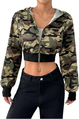 GORGLITTER Women's Zip Up Camo Print Cropped Hoodie Long Sleeve Kangaroo Pocket Sweatshirt in Saudi Arabia