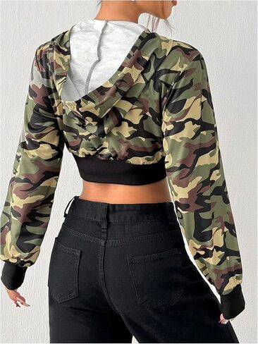 GORGLITTER Women's Zip Up Camo Print Cropped Hoodie Long Sleeve Kangaroo Pocket Sweatshirt in Saudi Arabia