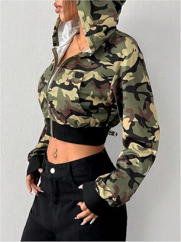 GORGLITTER Women's Zip Up Camo Print Cropped Hoodie Long Sleeve Kangaroo Pocket Sweatshirt in Saudi Arabia
