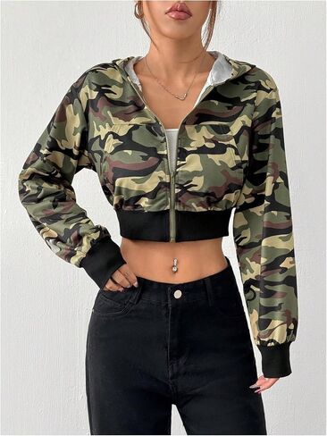 GORGLITTER Women's Zip Up Camo Print Cropped Hoodie Long Sleeve Kangaroo Pocket Sweatshirt in Saudi Arabia