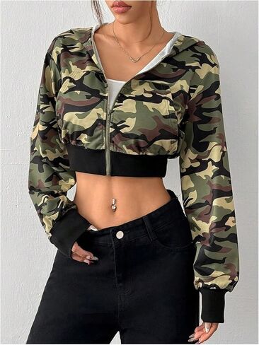 GORGLITTER Women's Zip Up Camo Print Cropped Hoodie Long Sleeve Kangaroo Pocket Sweatshirt in Saudi Arabia