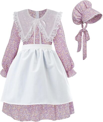 LTAKK Pioneer Dress Girls Colonial Costume Prairie Pilgrim Girl Dresses with Apron and Bonnet in Saudi Arabia