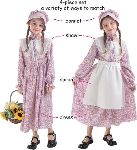 LTAKK Pioneer Dress Girls Colonial Costume Prairie Pilgrim Girl Dresses with Apron and Bonnet in Saudi Arabia