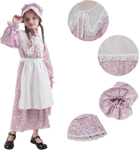 LTAKK Pioneer Dress Girls Colonial Costume Prairie Pilgrim Girl Dresses with Apron and Bonnet in Saudi Arabia