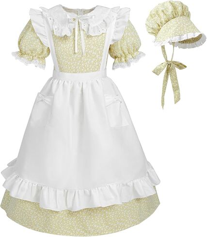 LTAKK Pioneer Dress Girls Colonial Costume Prairie Pilgrim Girl Dresses with Apron and Bonnet in Saudi Arabia