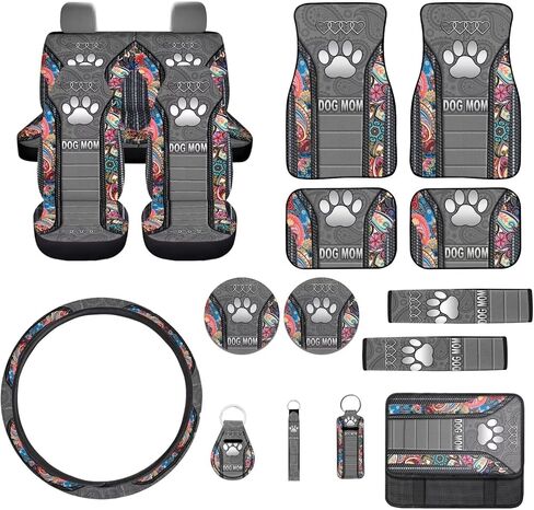 Paw Print Car Seat Cover Full Set, Boho Floral Auto Interior Accessories Set, Car Seat Covers Floor Mats with Steering Wheel Cover Safety Belt Pads Armrest Pad Keyrings, Easy to Install in Kuwait