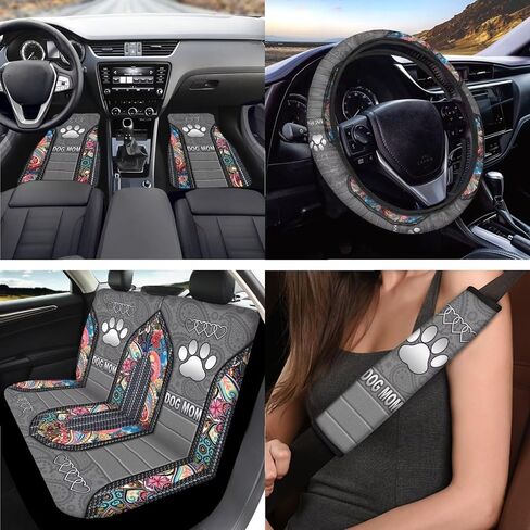 Paw Print Car Seat Cover Full Set, Boho Floral Auto Interior Accessories Set, Car Seat Covers Floor Mats with Steering Wheel Cover Safety Belt Pads Armrest Pad Keyrings, Easy to Install in Kuwait
