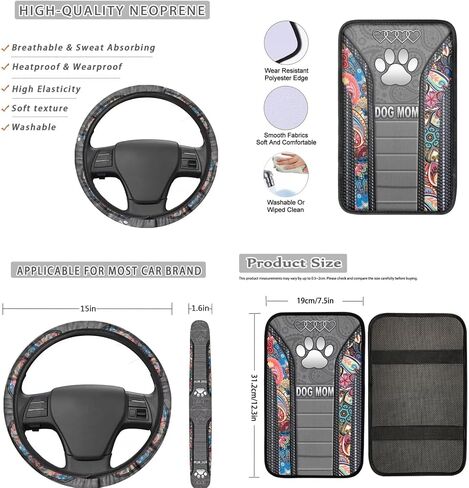 Paw Print Car Seat Cover Full Set, Boho Floral Auto Interior Accessories Set, Car Seat Covers Floor Mats with Steering Wheel Cover Safety Belt Pads Armrest Pad Keyrings, Easy to Install in Kuwait
