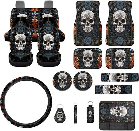 Paw Print Car Seat Cover Full Set, Boho Floral Auto Interior Accessories Set, Car Seat Covers Floor Mats with Steering Wheel Cover Safety Belt Pads Armrest Pad Keyrings, Easy to Install in Kuwait