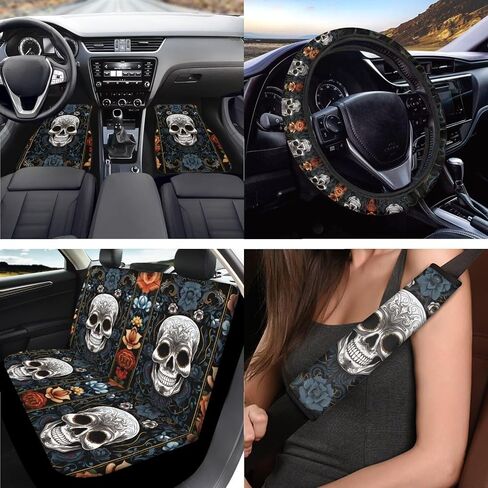 Paw Print Car Seat Cover Full Set, Boho Floral Auto Interior Accessories Set, Car Seat Covers Floor Mats with Steering Wheel Cover Safety Belt Pads Armrest Pad Keyrings, Easy to Install in Kuwait