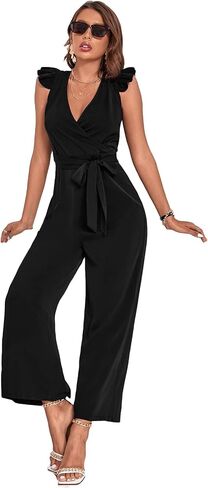 WDIRARA Women's Ruffle Butterfly Cap Sleeve Wrap V Neck Romper Belted Wide Leg Jumpsuit Pants in Saudi Arabia